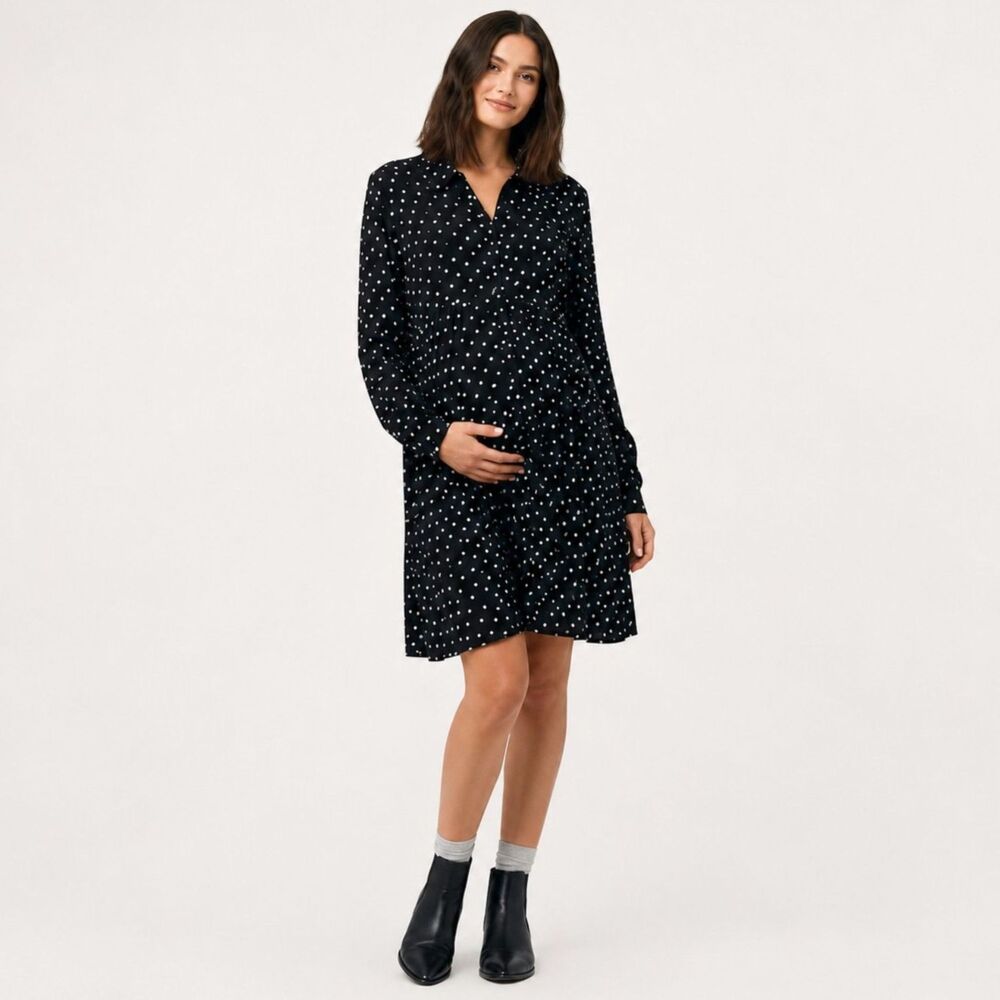 Ripe Maternity Fifi Polka Dot Long Sleeve Maternity Nursing Shirtdress Size L